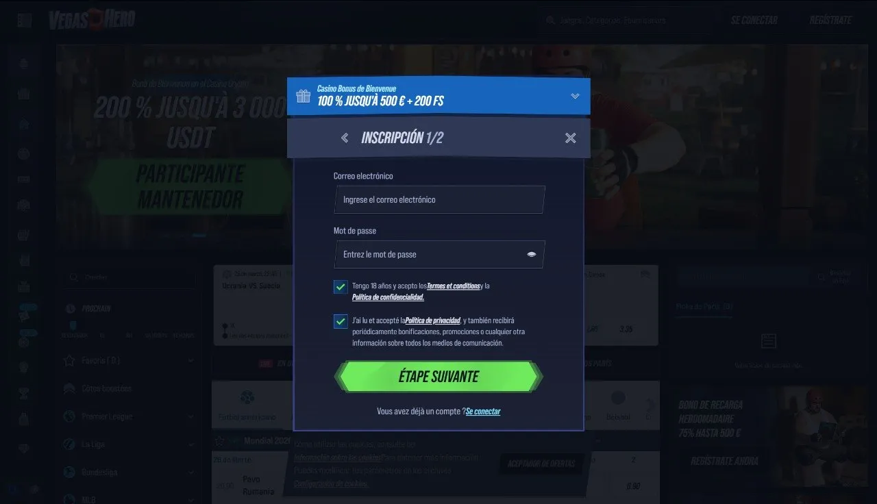 Inscription rapide sur VegasHero France